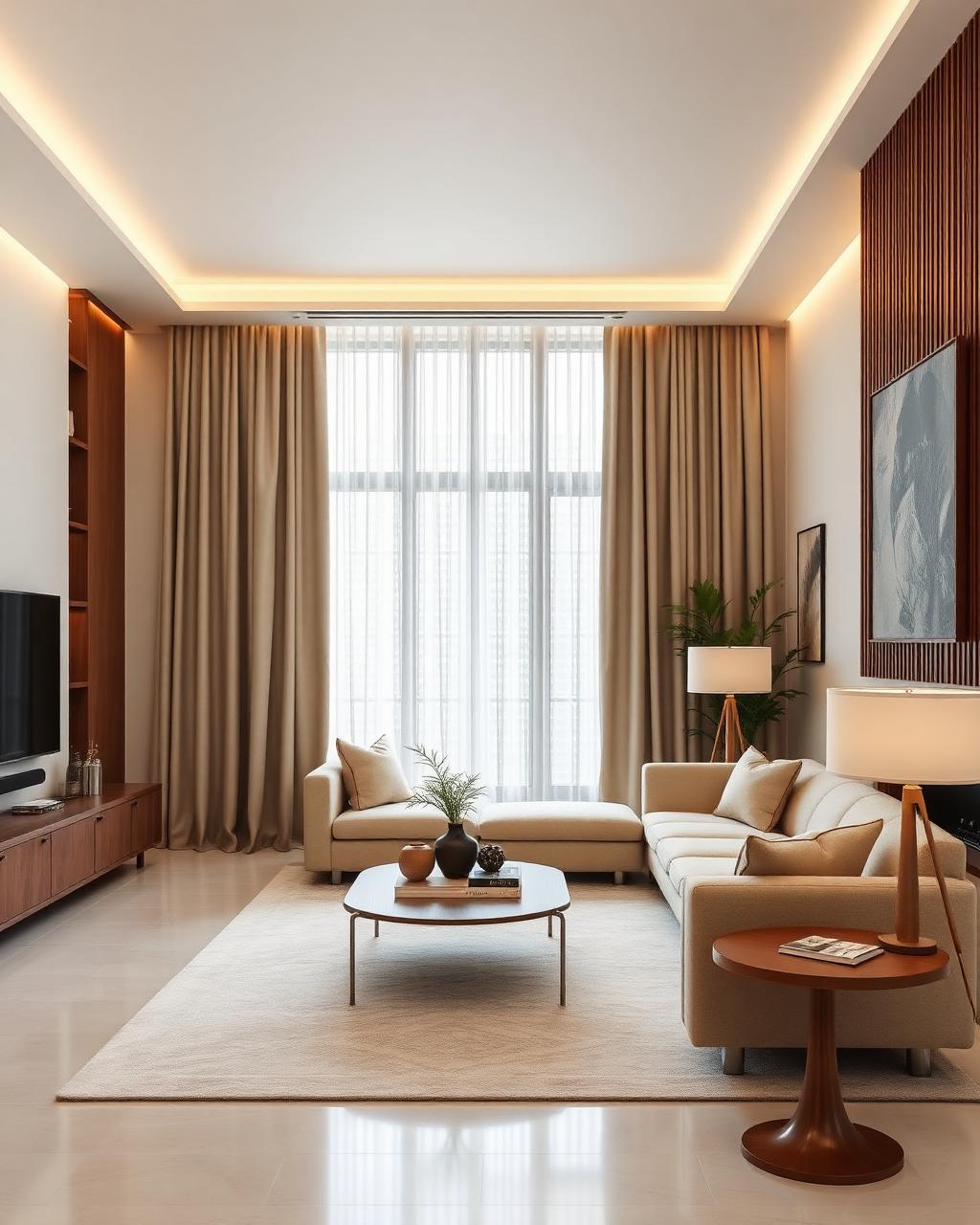 Sala sofisticada com cortinas e iluminação acolhedora